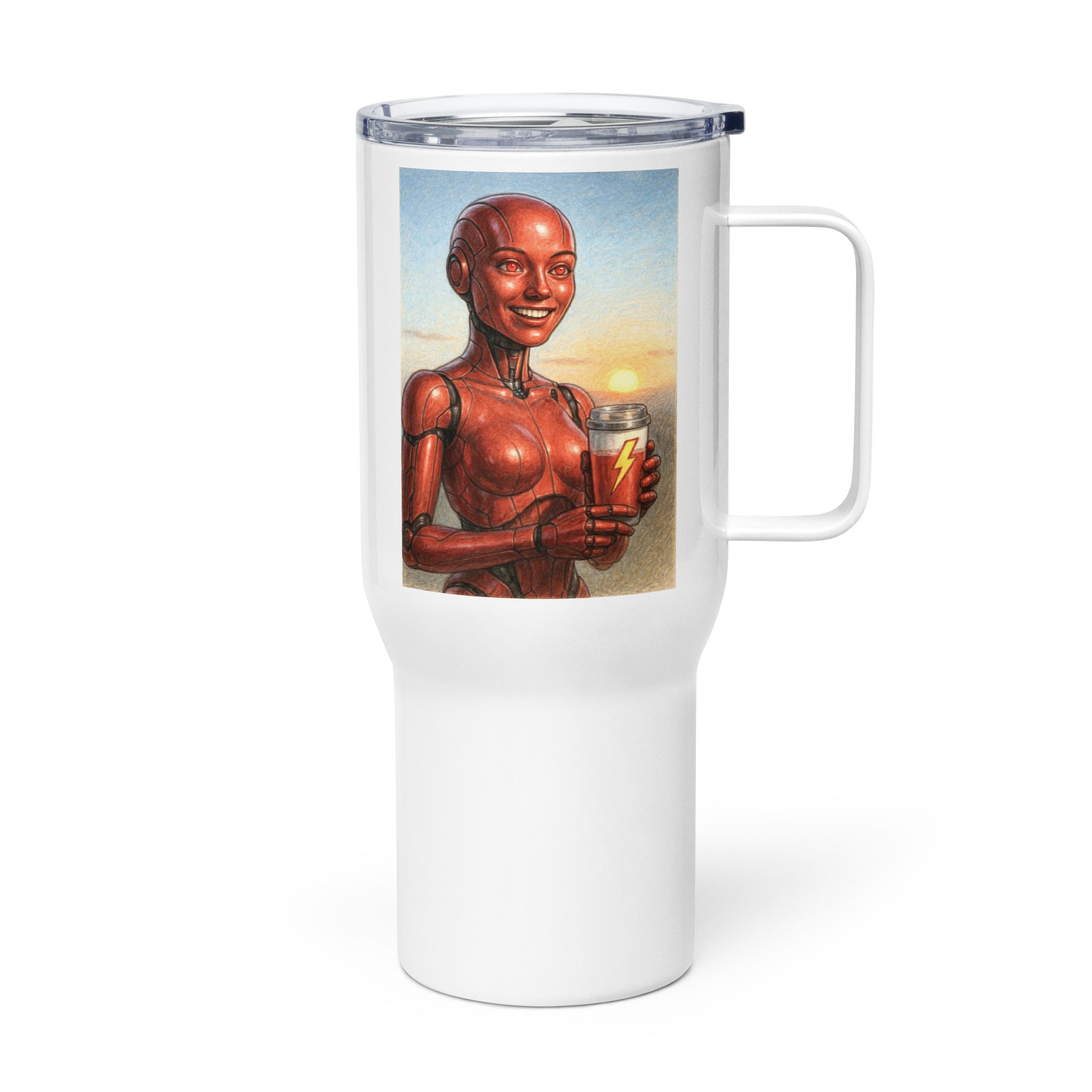 Red Android Woman Travel mug with a handle
