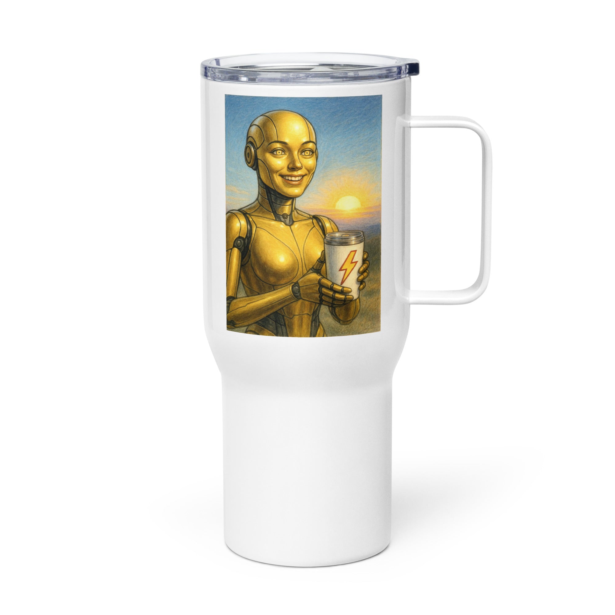 Yellow Android Woman Travel mug with a handle
