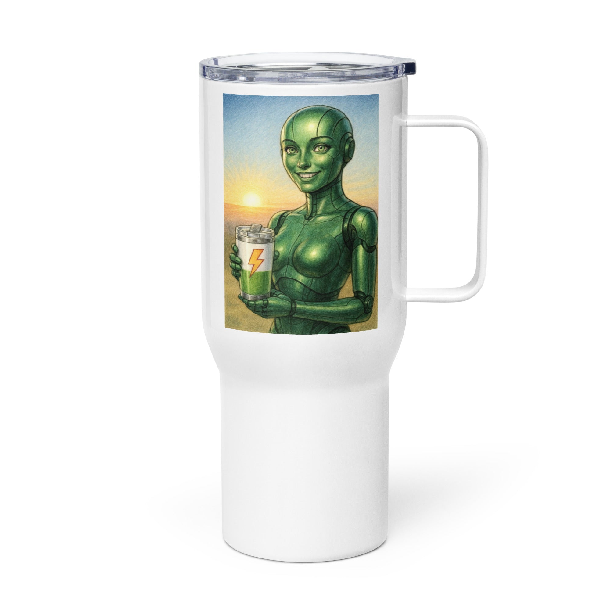Green Android Woman Travel mug with a handle