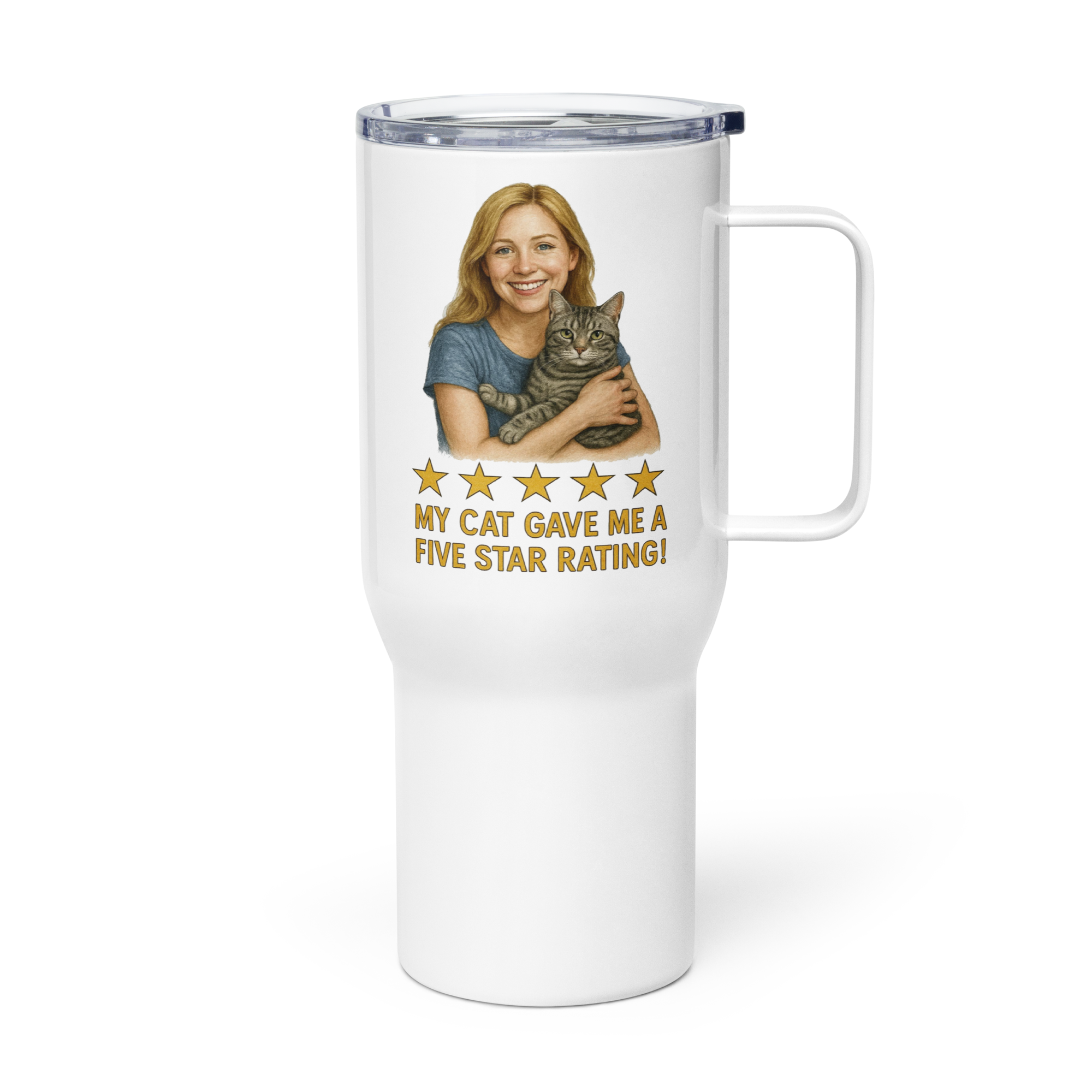 Blonde Woman with American Shorthair Cat Travel Mug