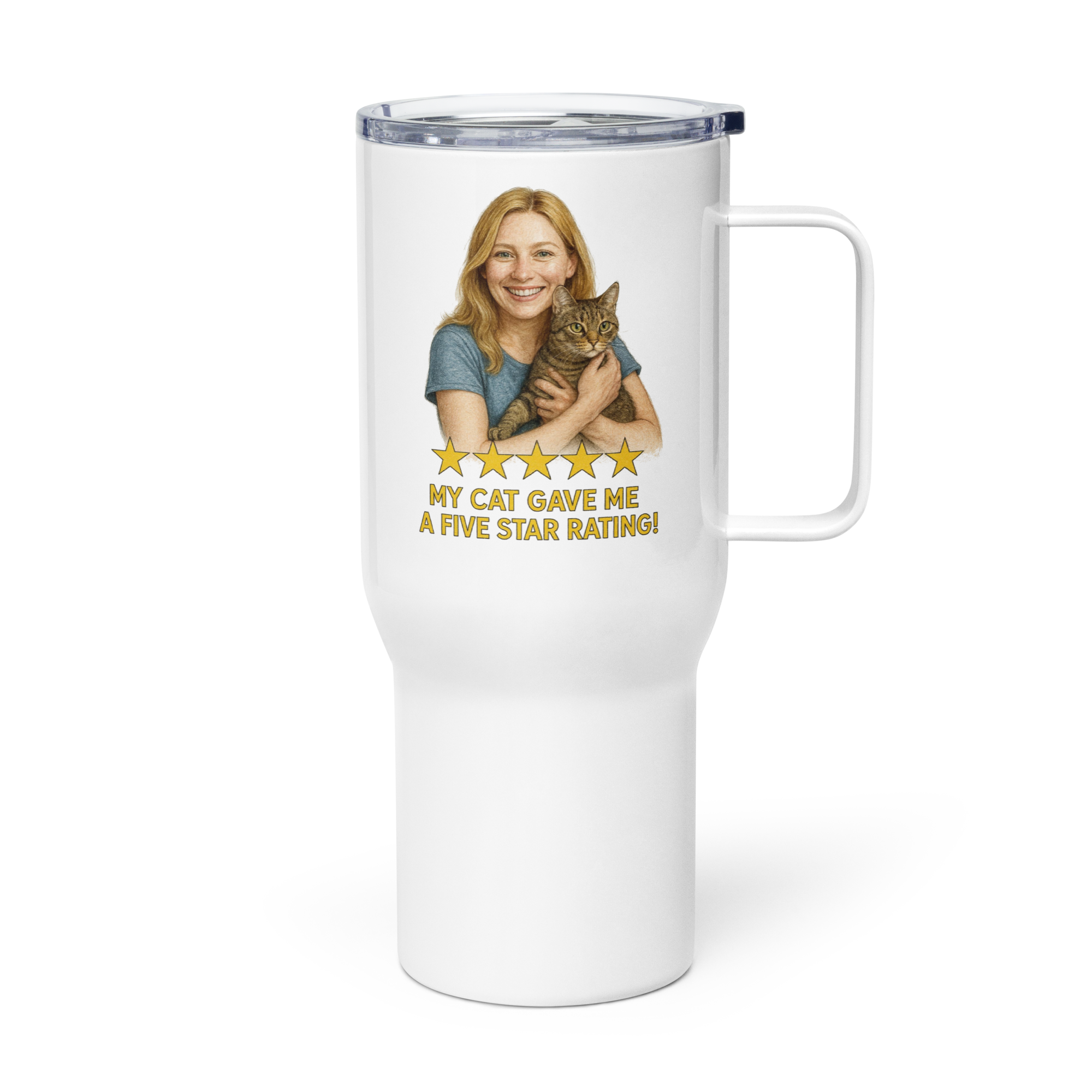 Blonde Woman with Domestic Shorthair Cat Travel Mug