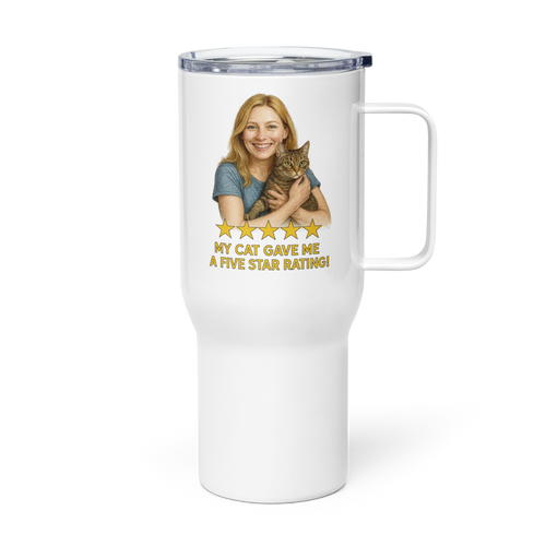 Blonde Woman with Domestic Shorthair Cat Travel Mug