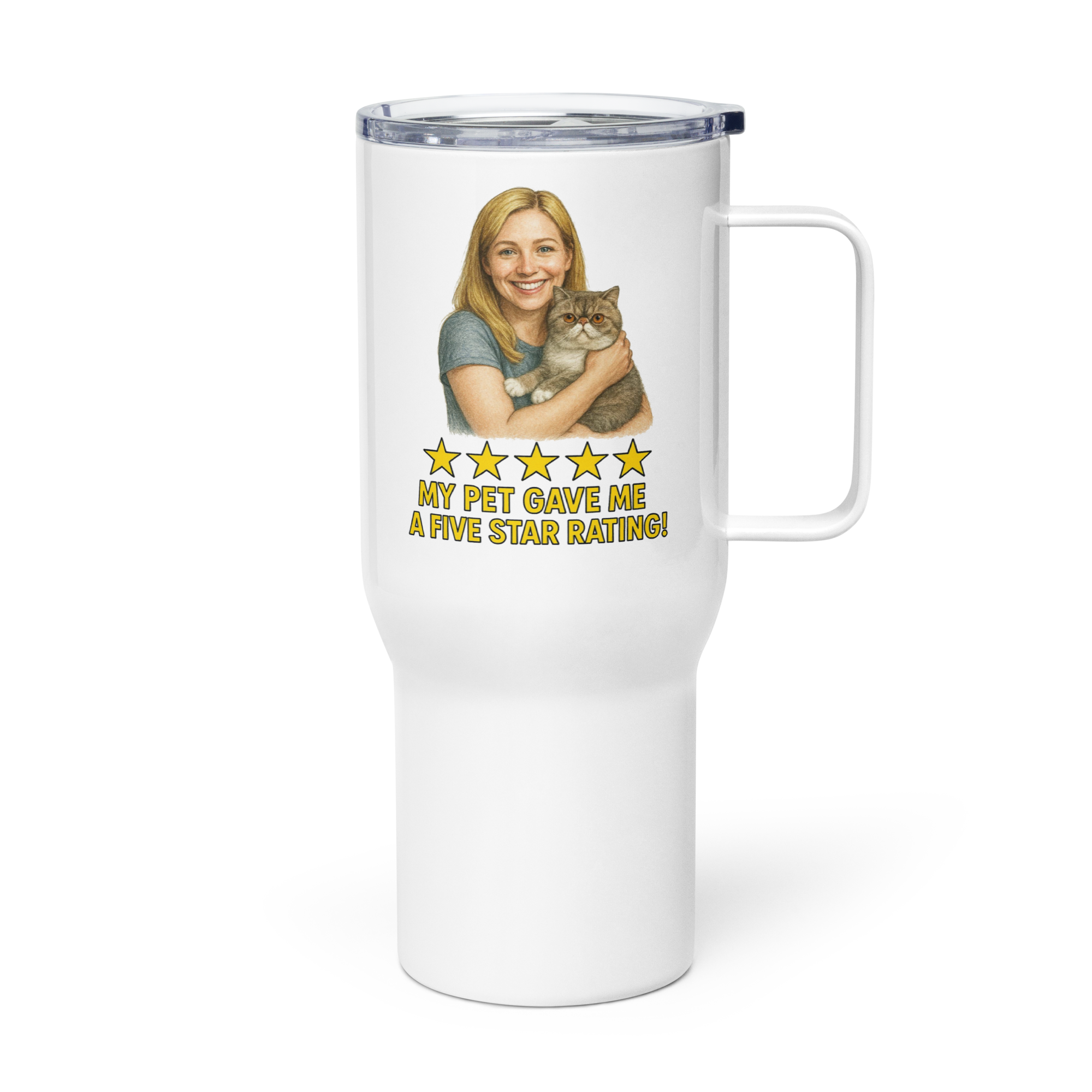 Blonde Woman with Exotic Shorthair Cat Travel Mug