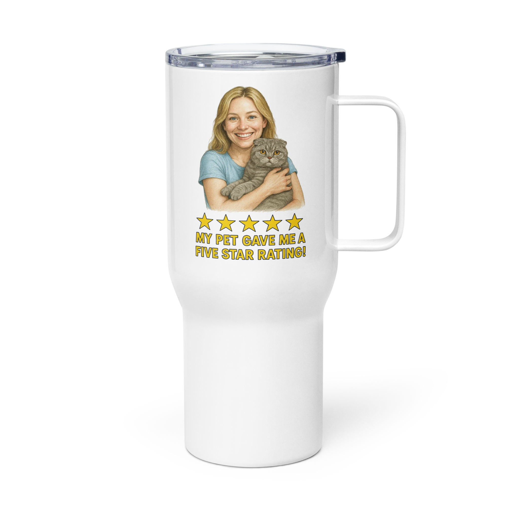 Blonde Woman with Scottish Fold Cat Travel Mug