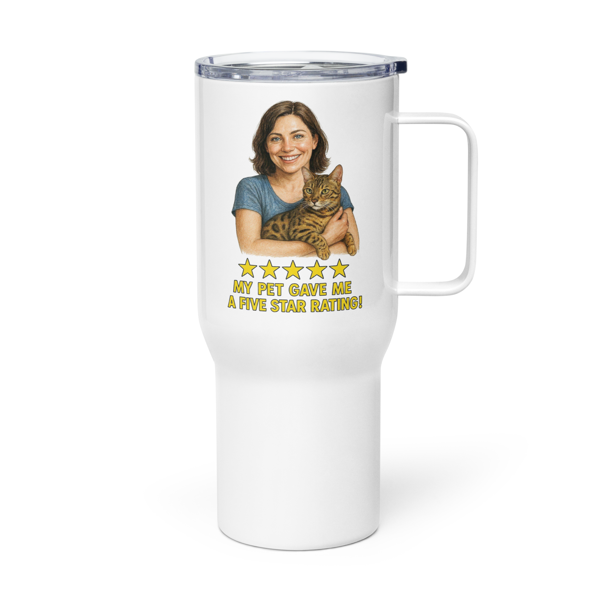Brunette Woman with Bengal Cat Travel Mug