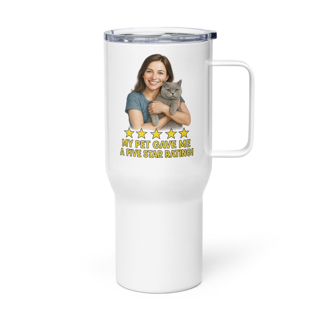 Brunette Woman with British Shorthair Cat Travel Mug