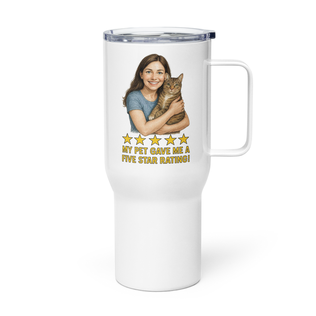 Brunette Woman with Domestic Shorthair Cat Travel Mug