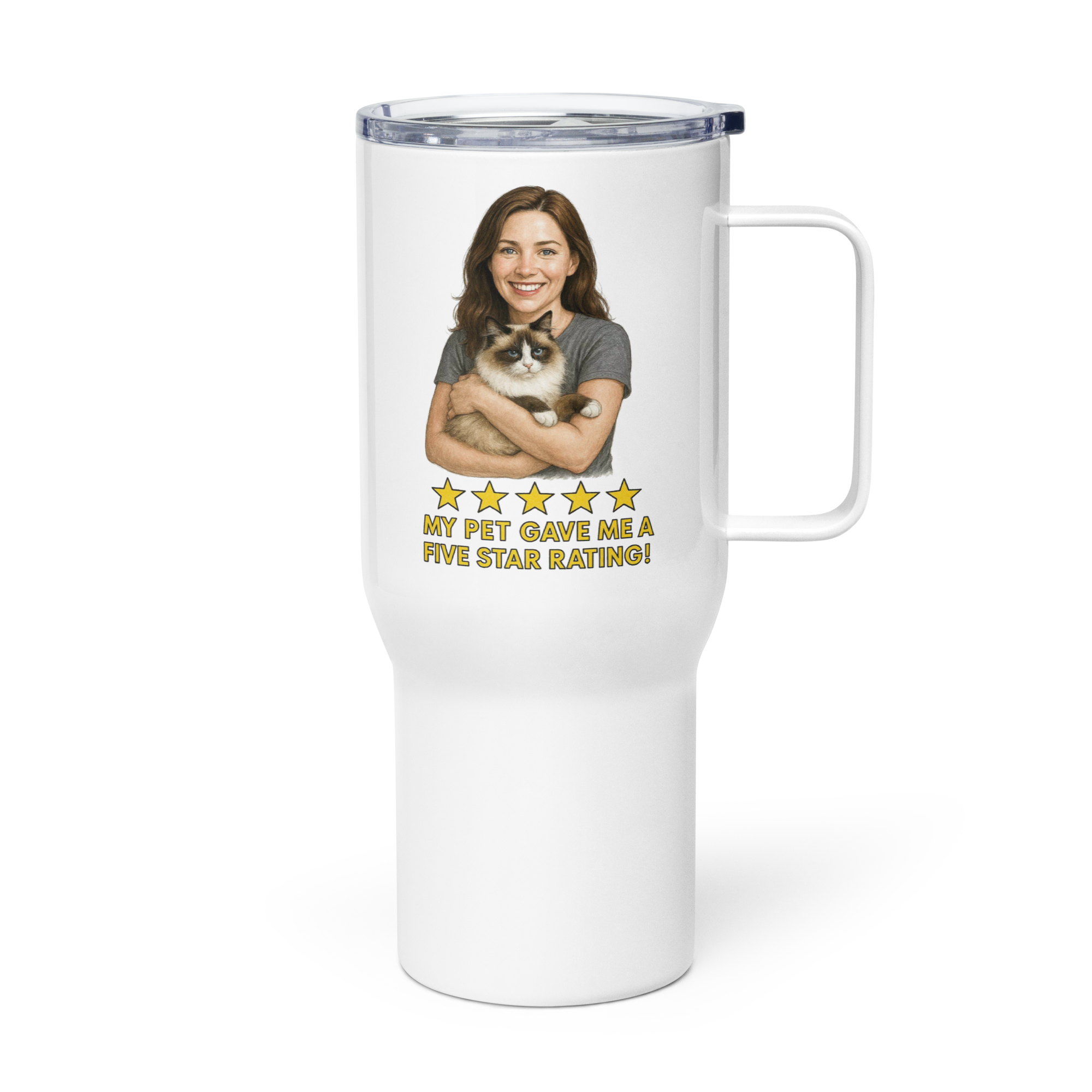 Brunette Woman with Ragdoll Cat Travel Mug