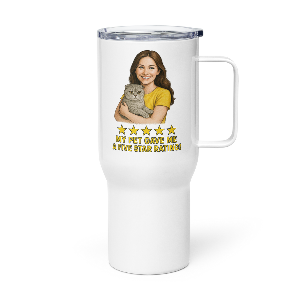 Brunette Woman with Scottish Fold Cat Travel Mug