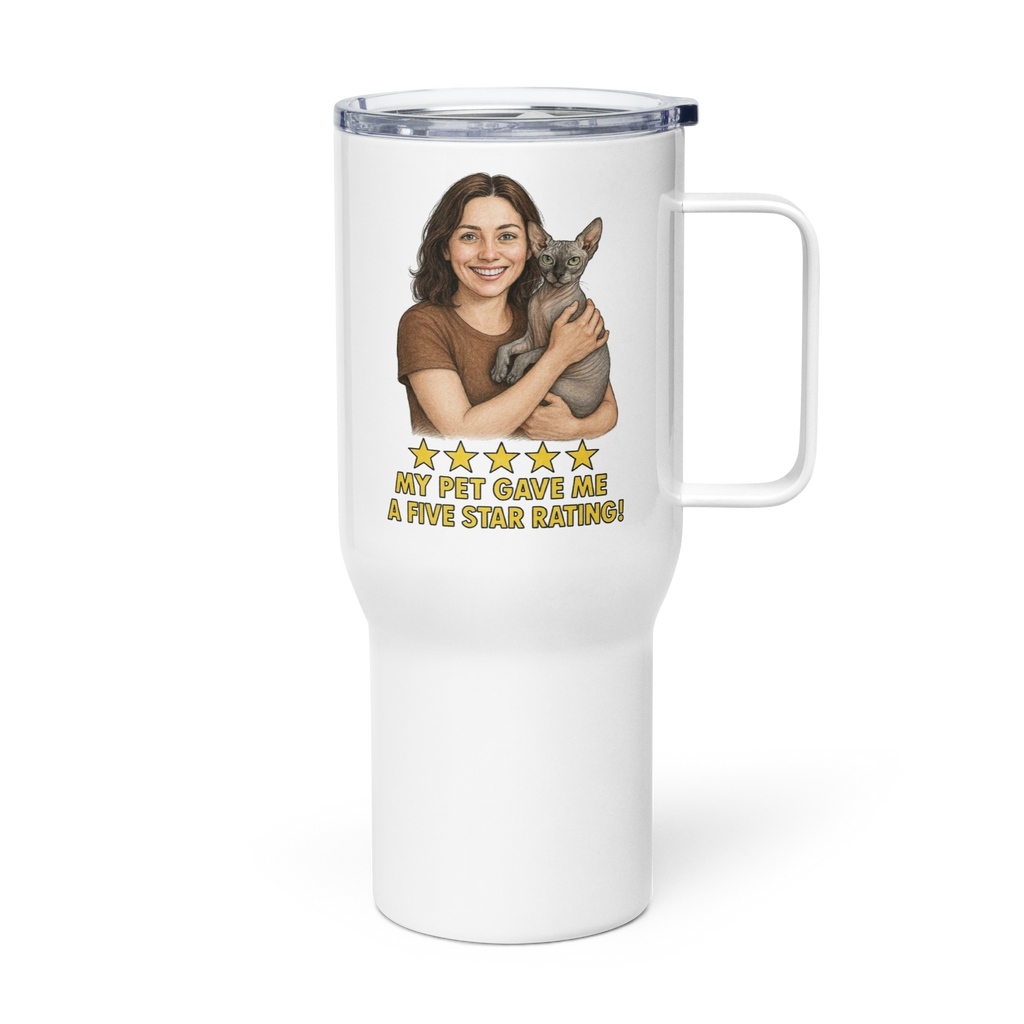 Brunette Woman with Sphynx Cat Travel Mug