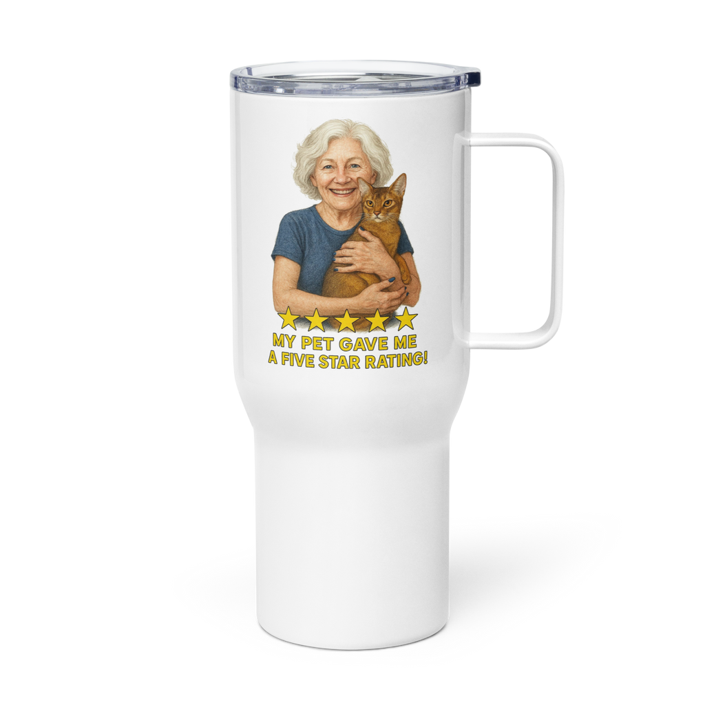 Salt & Pepper Woman with Abyssinian Cat BLUE Travel Mug