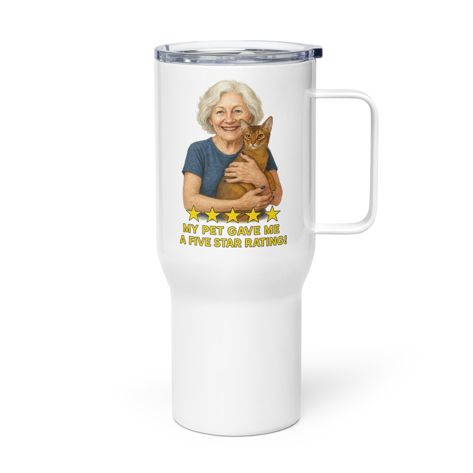 Salt & Pepper Woman with Abyssinian Cat BLUE Travel Mug