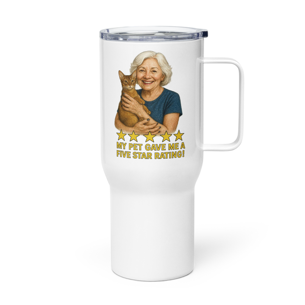 White Hair Woman with Abyssinian Cat BLUE Travel Mug