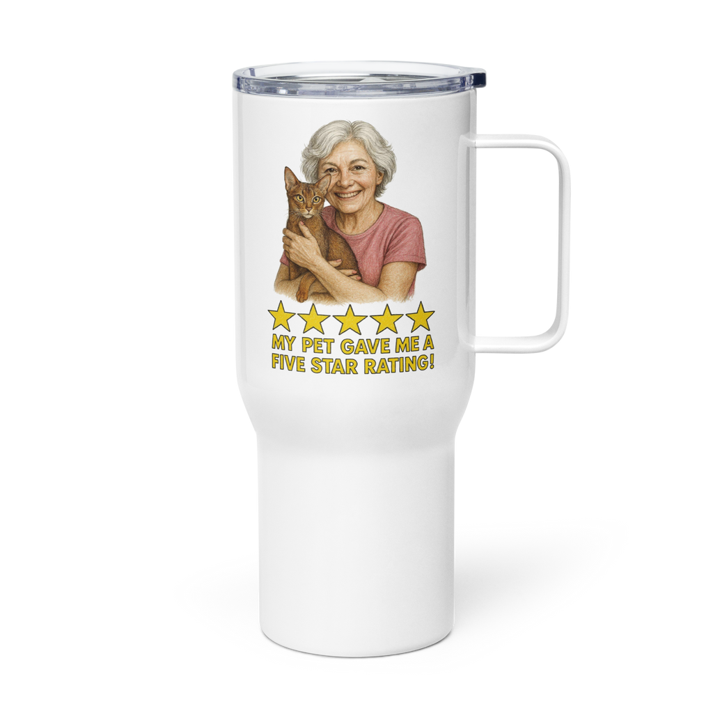 White Hair Woman with Abyssinian Cat PINK Travel Mug