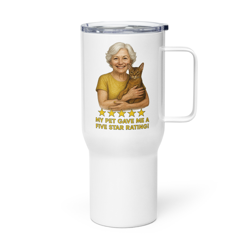 White Hair Woman with Abyssinian Cat GOLD Travel Mug