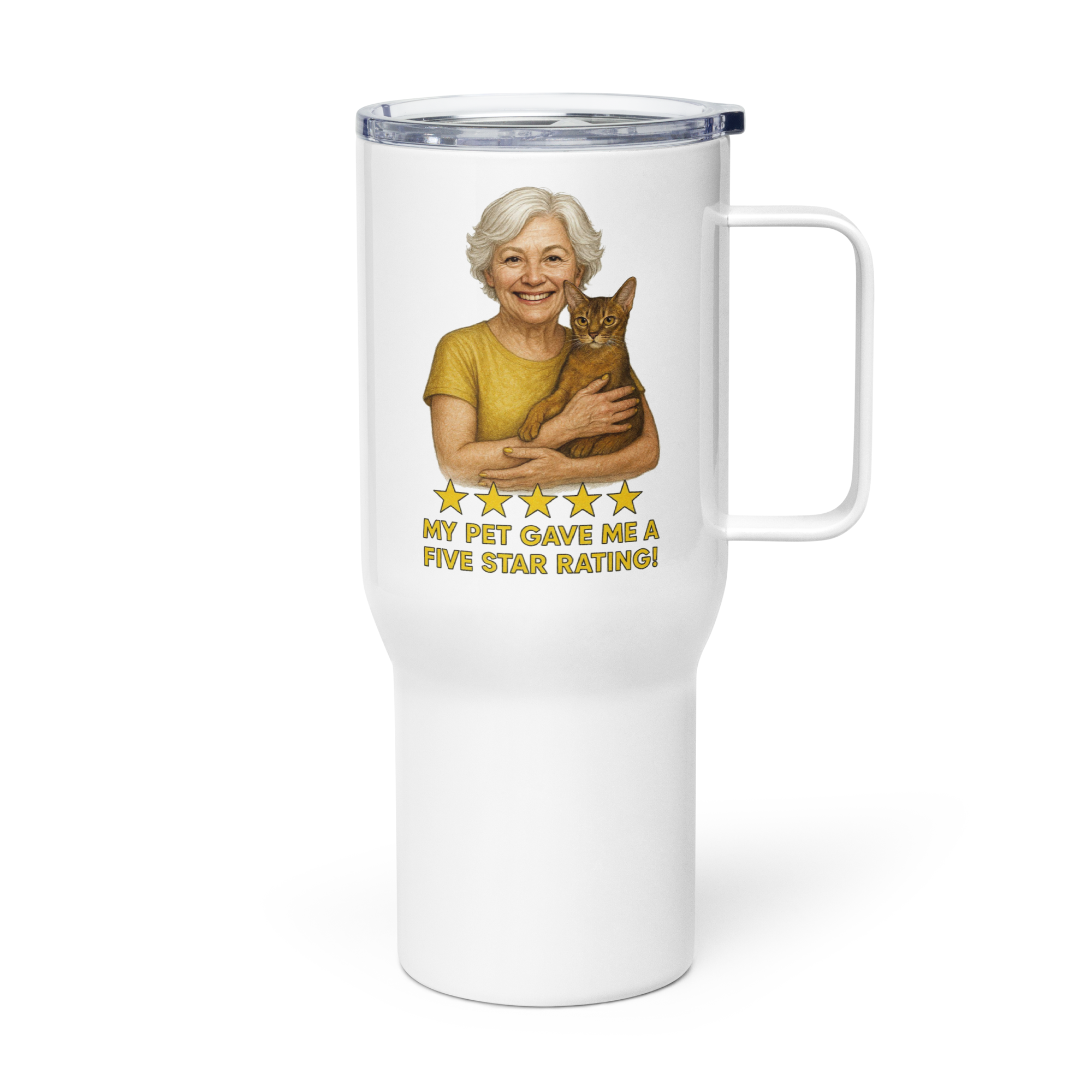 White Hair Woman with Abyssinian Cat GOLD Travel Mug