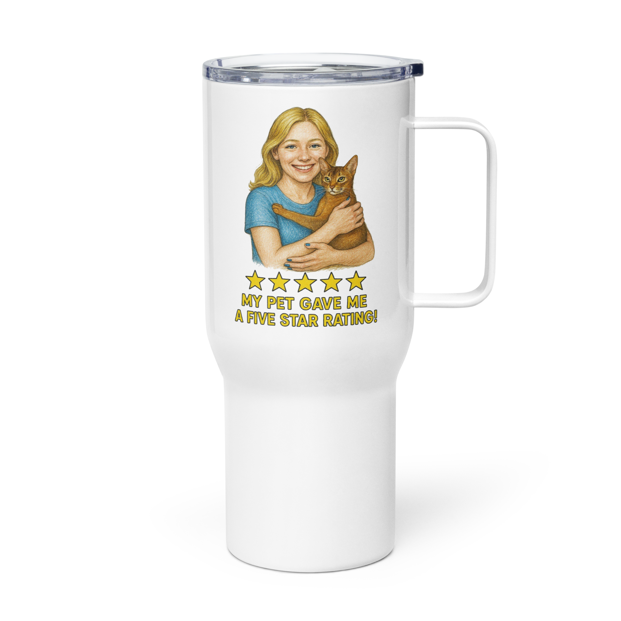 Blonde Woman BLUE Shirt with Abyssinian Cat Travel Mug