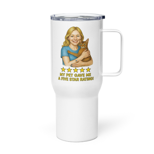 Blonde Woman BLUE Shirt with Abyssinian Cat Travel Mug