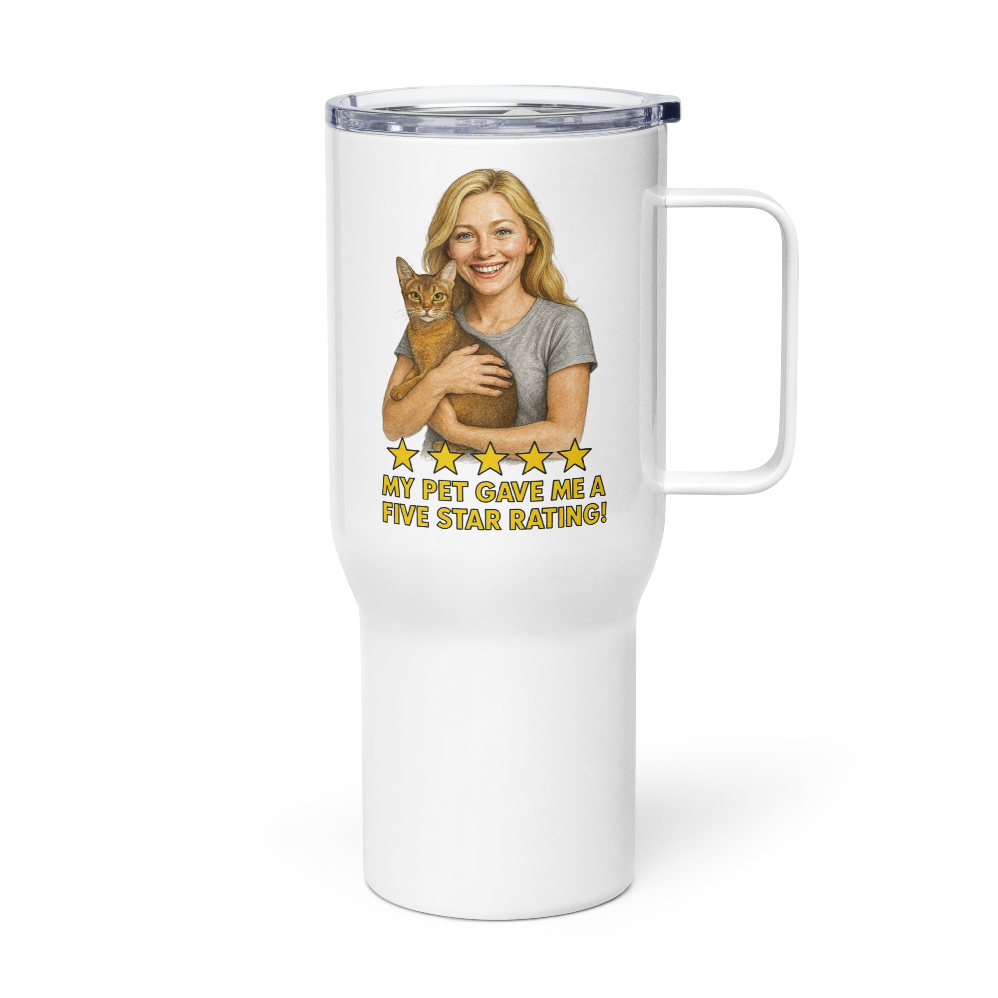 Blonde Woman SILVER Shirt with Abyssinian Cat Travel Mug