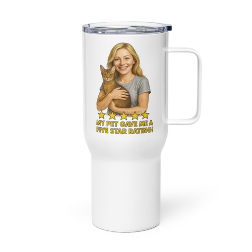 Blonde Woman SILVER Shirt with Abyssinian Cat Travel Mug