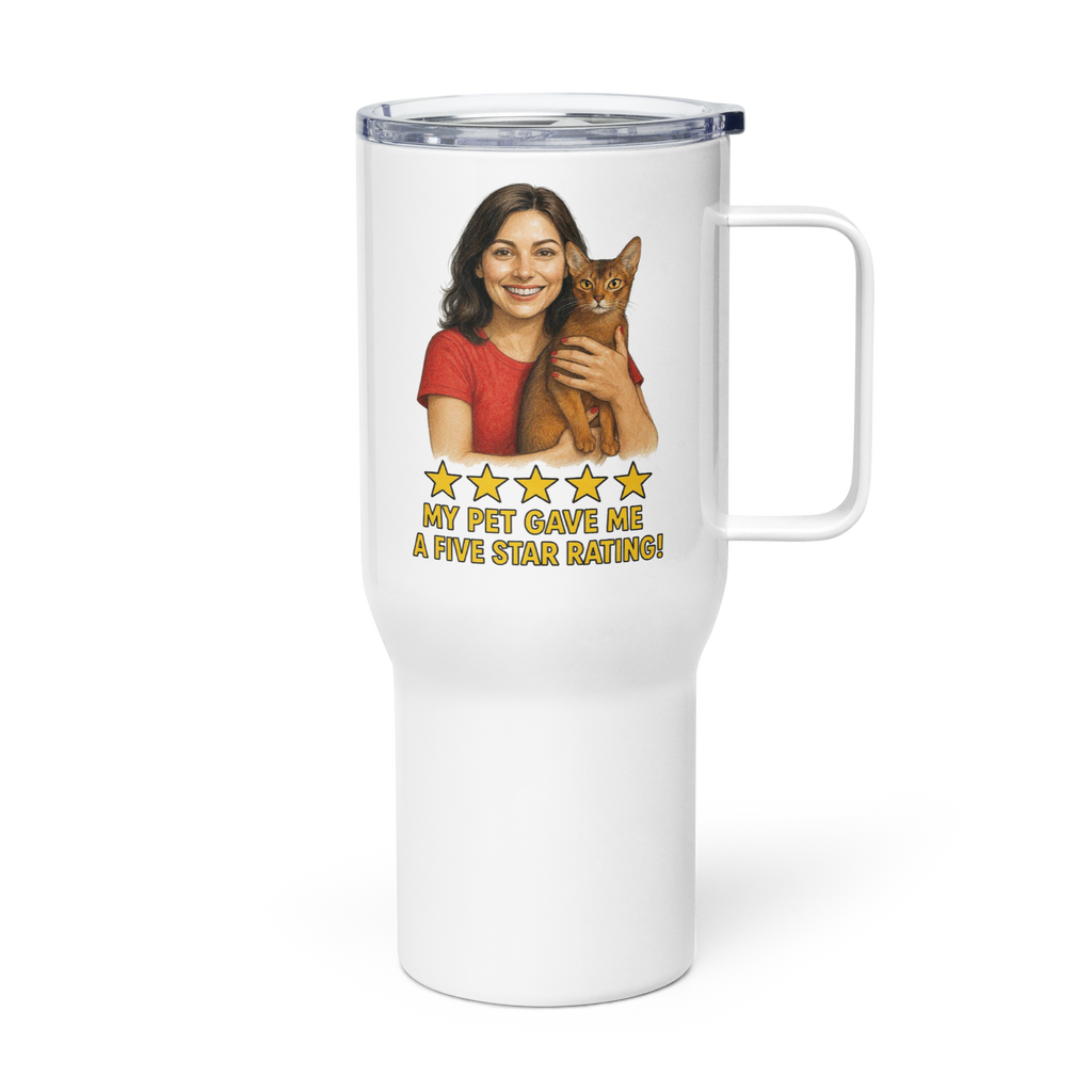 Brunette Woman RED Shirt with Abyssinian Cat Travel Mug