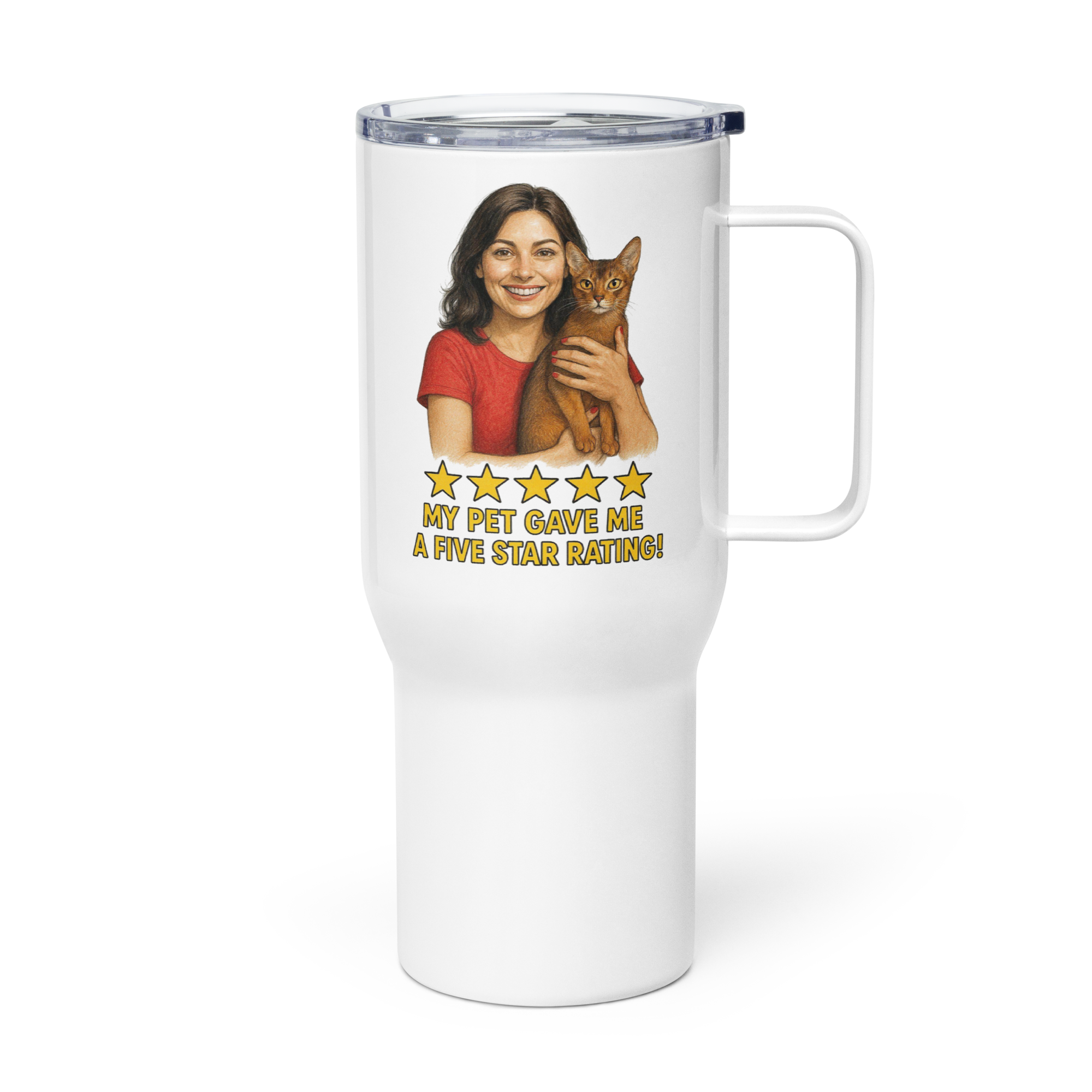 Brunette Woman RED Shirt with Abyssinian Cat Travel Mug