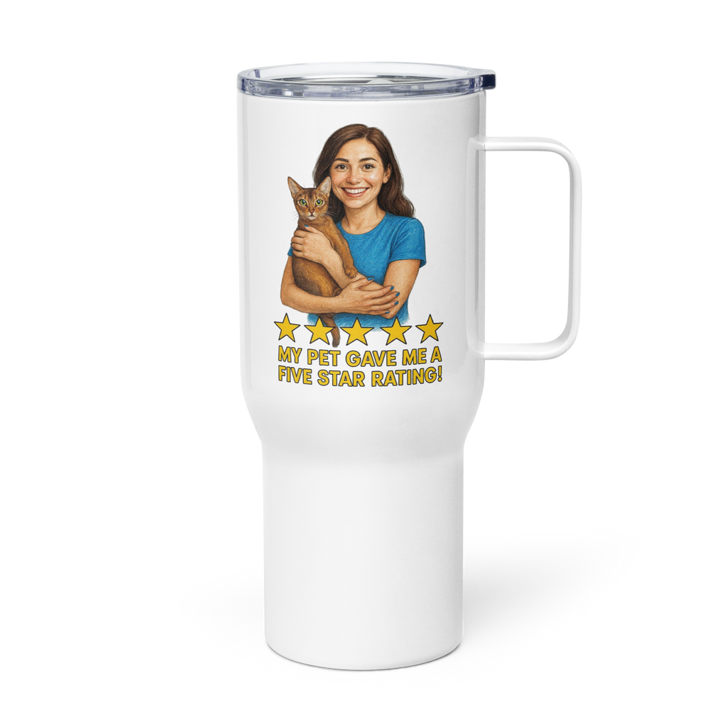 Brunette Woman BLUE Shirt with Abyssinian Cat Travel Mug