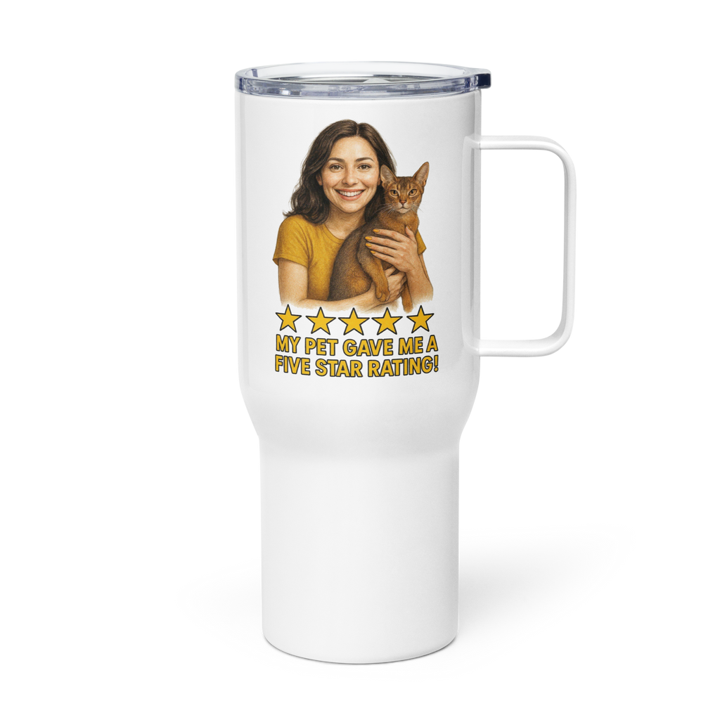 Brunette Woman GOLD Shirt with Abyssinian Cat Travel Mug