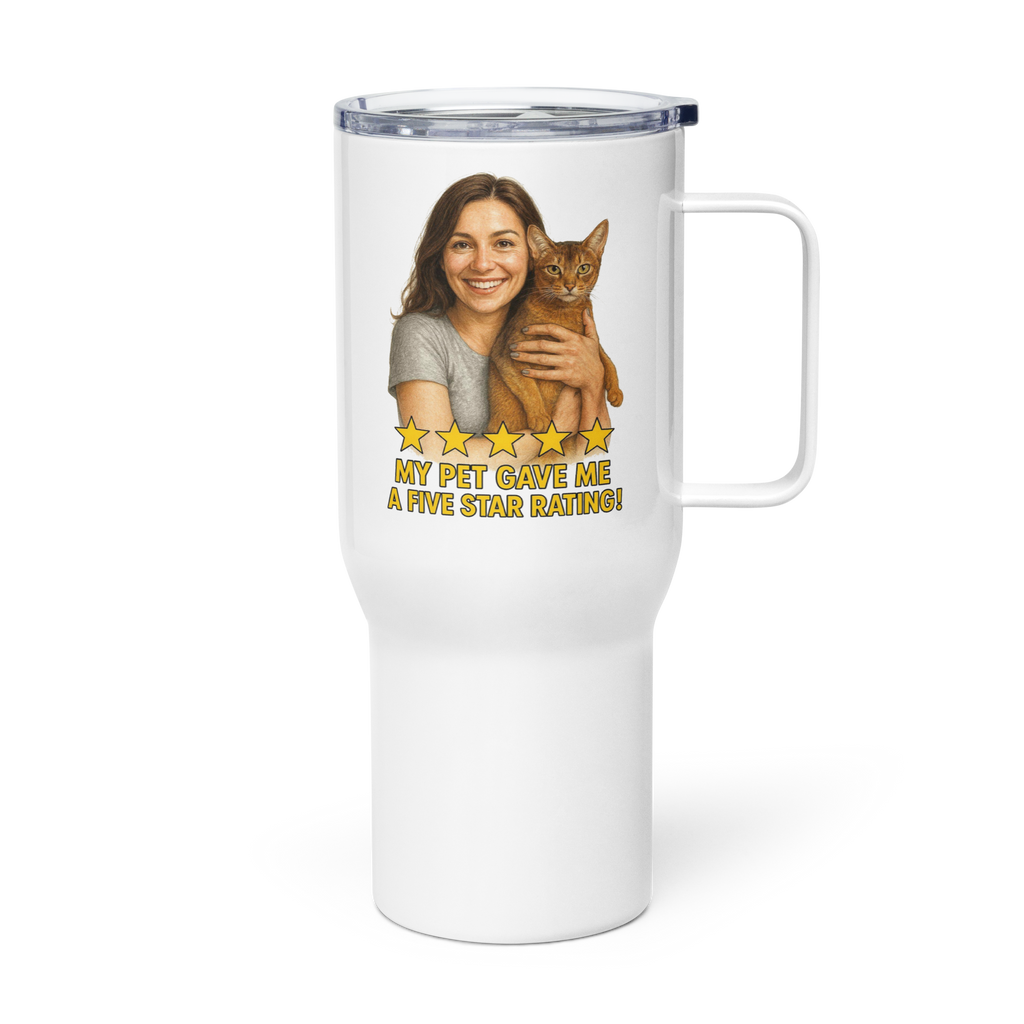 Brunette Woman SILVER Shirt with Abyssinian Cat Travel Mug
