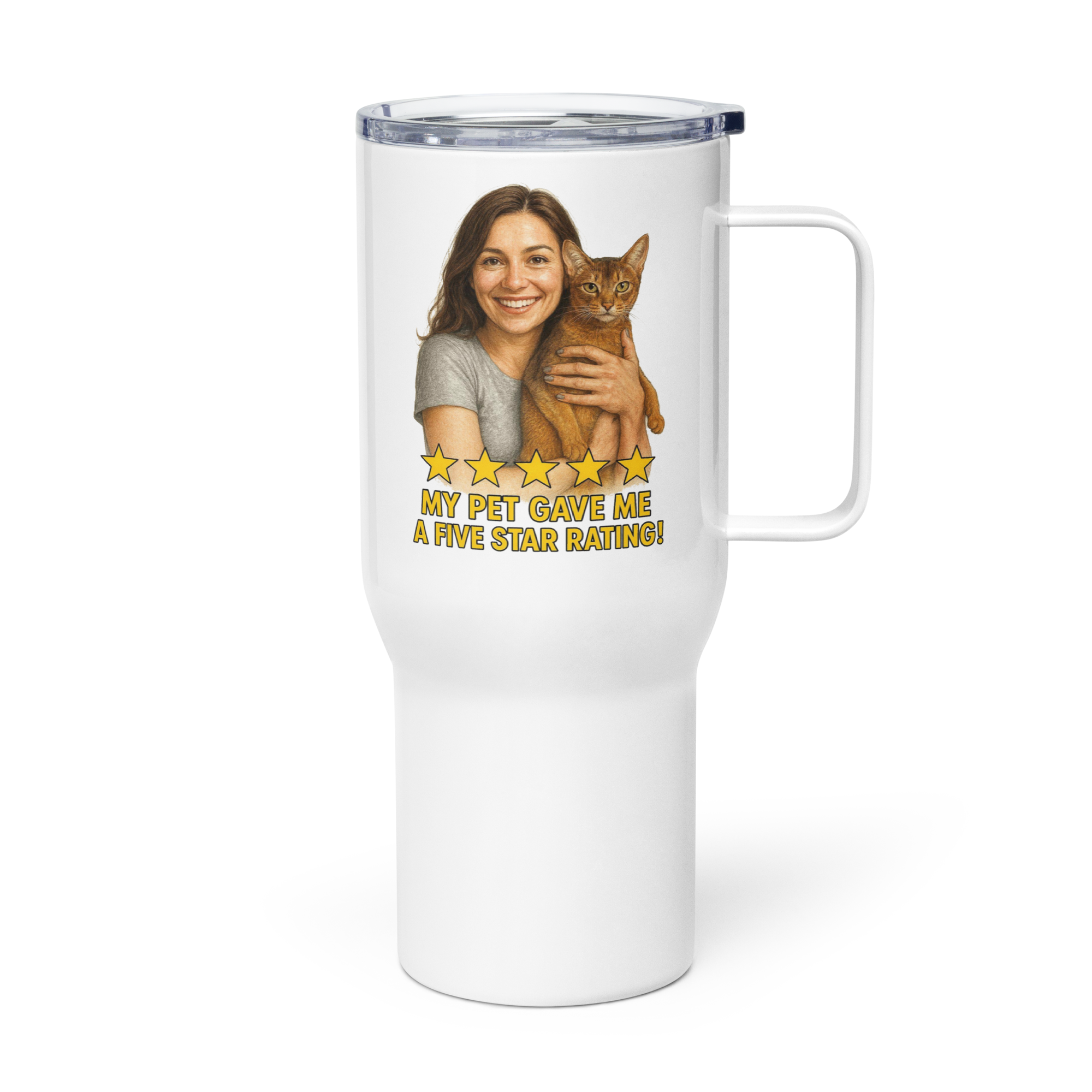Brunette Woman SILVER Shirt with Abyssinian Cat Travel Mug