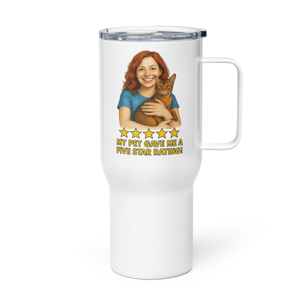 Red Hair Woman BLUE Shirt with Abyssinian Cat Travel Mug