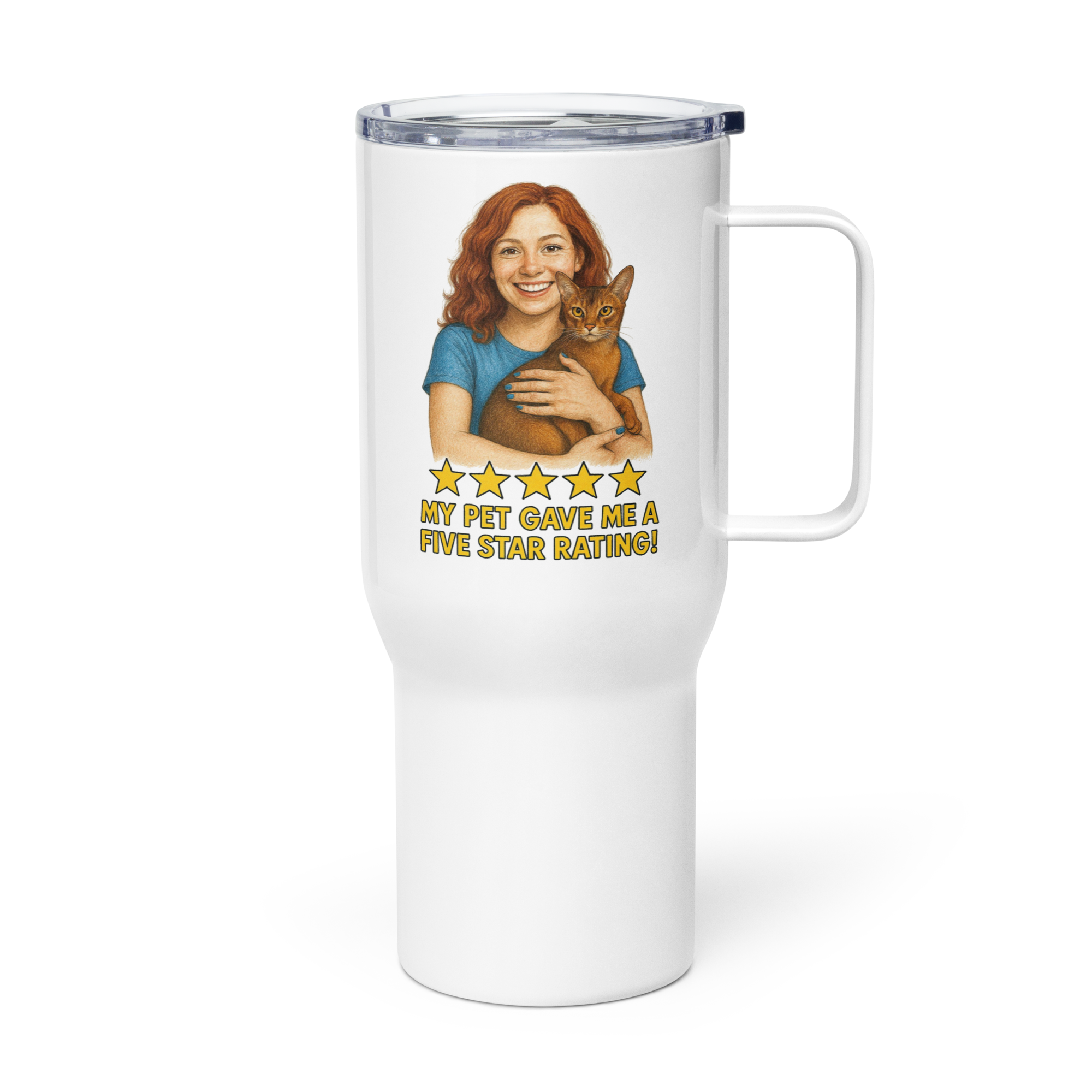 Red Hair Woman BLUE Shirt with Abyssinian Cat Travel Mug