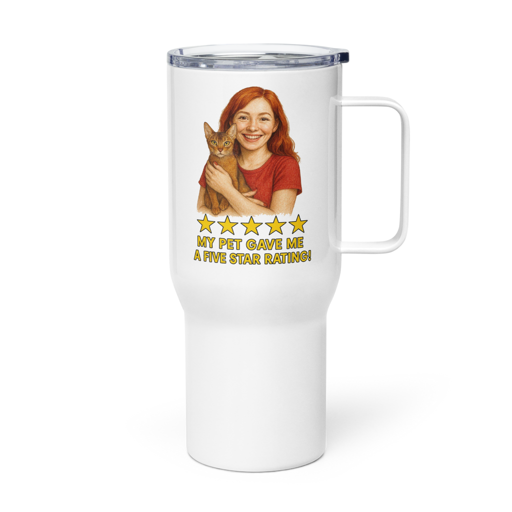 Red Hair Woman RED Shirt with Abyssinian Cat Travel Mug