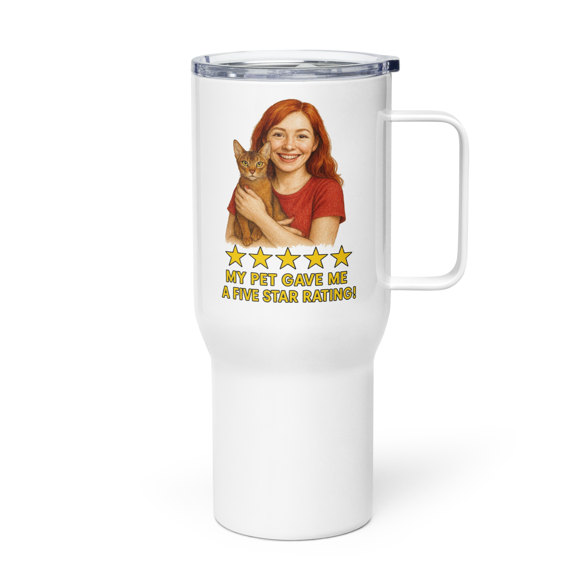Red Hair Woman RED Shirt with Abyssinian Cat Travel Mug