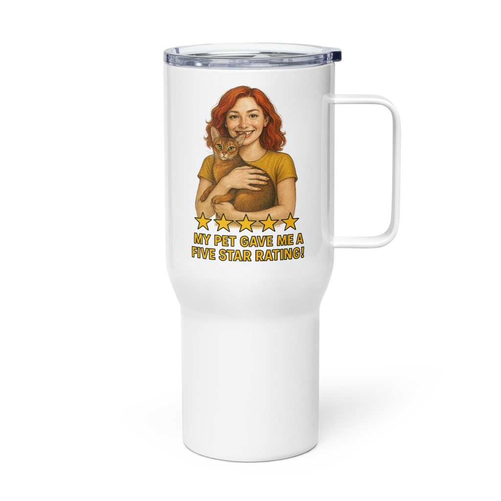 Red Hair Woman GOLD Shirt with Abyssinian Cat Travel Mug