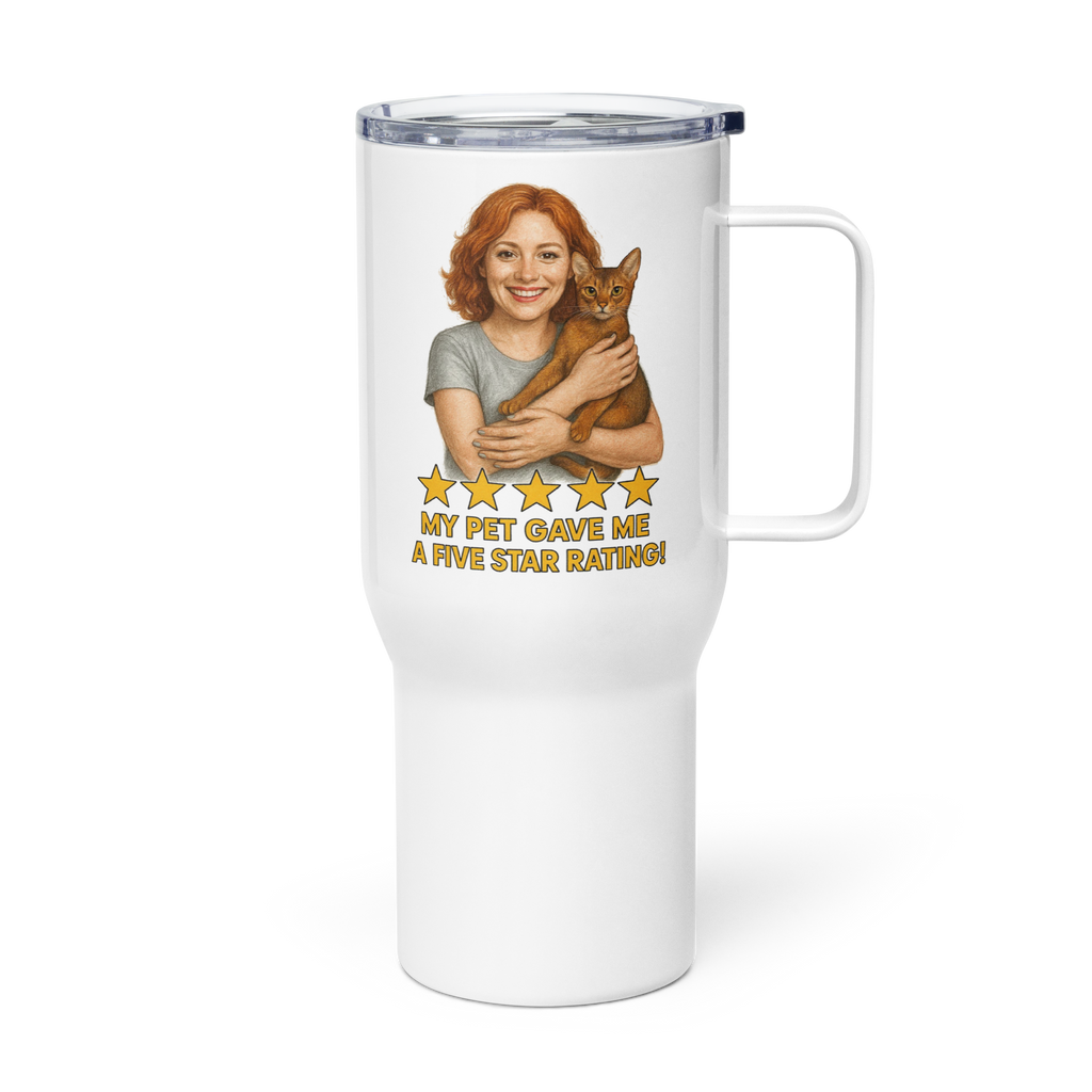 Red Hair Woman SILVER Shirt with Abyssinian Cat Travel Mug