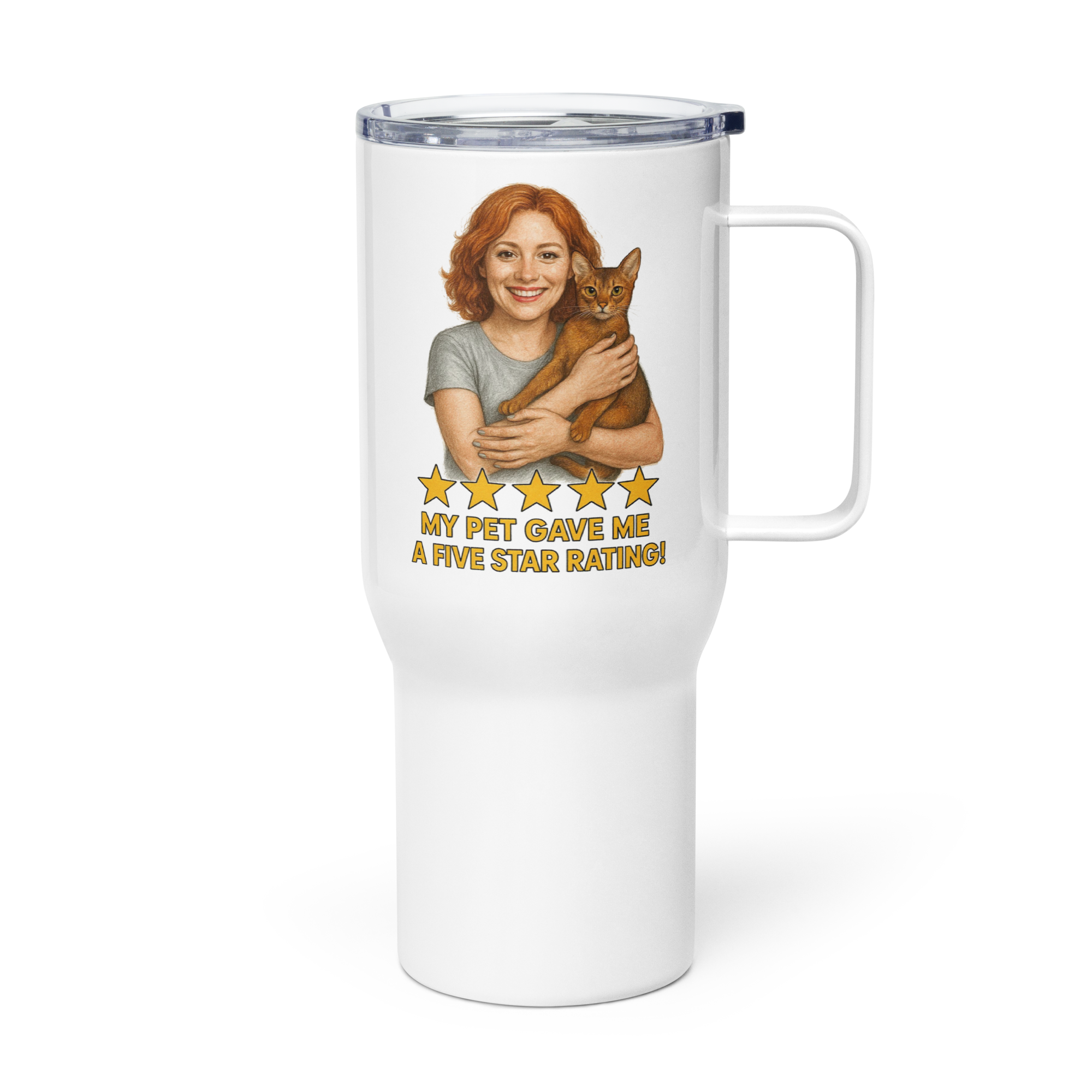Red Hair Woman SILVER Shirt with Abyssinian Cat Travel Mug