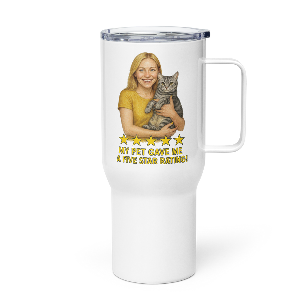 Blonde Woman GOLD Shirt with American Shorthair Cat Travel Mug