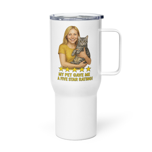 Blonde Woman GOLD Shirt with American Shorthair Cat Travel Mug