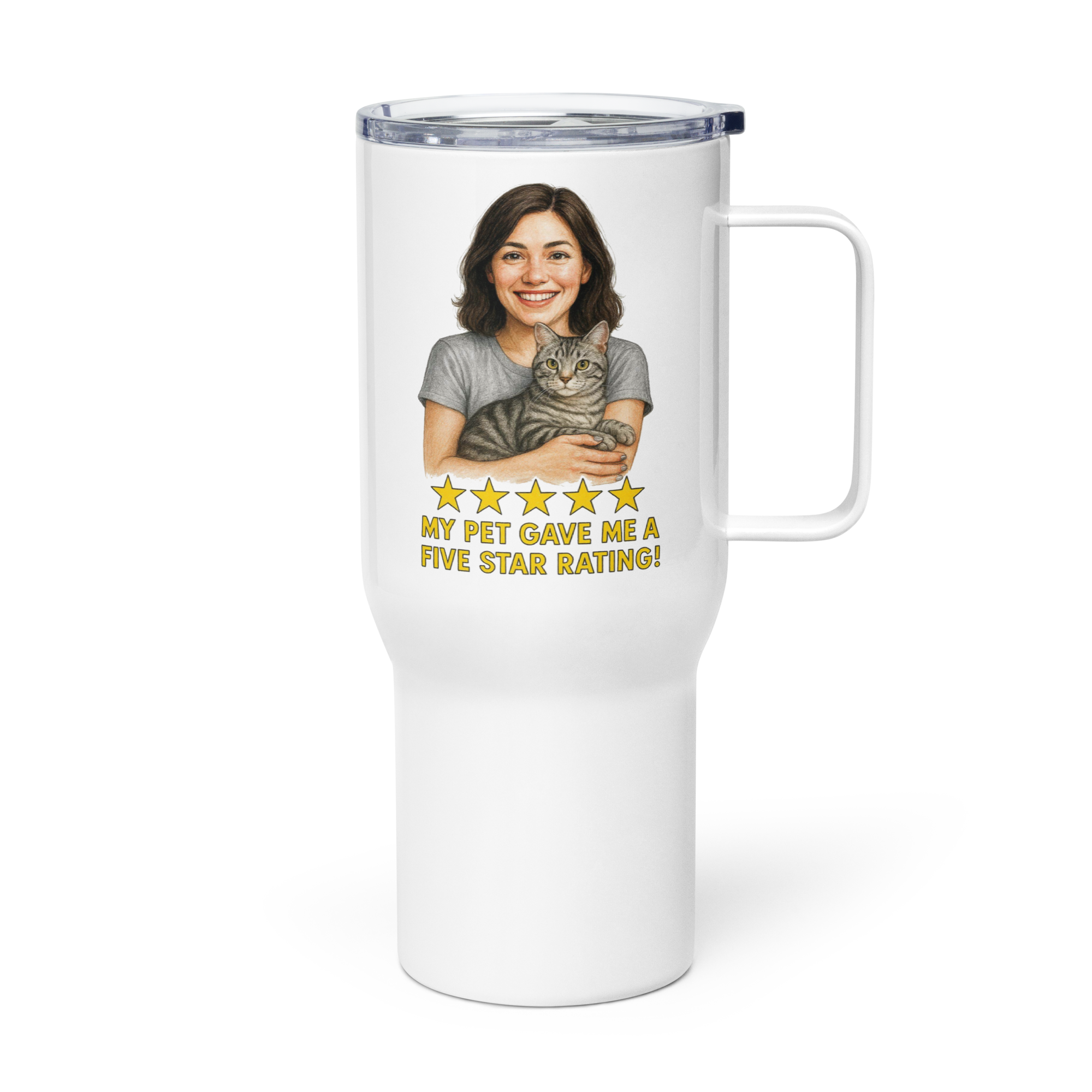 Brunette Woman SILVER Shirt with American Shorthair Cat Travel Mug