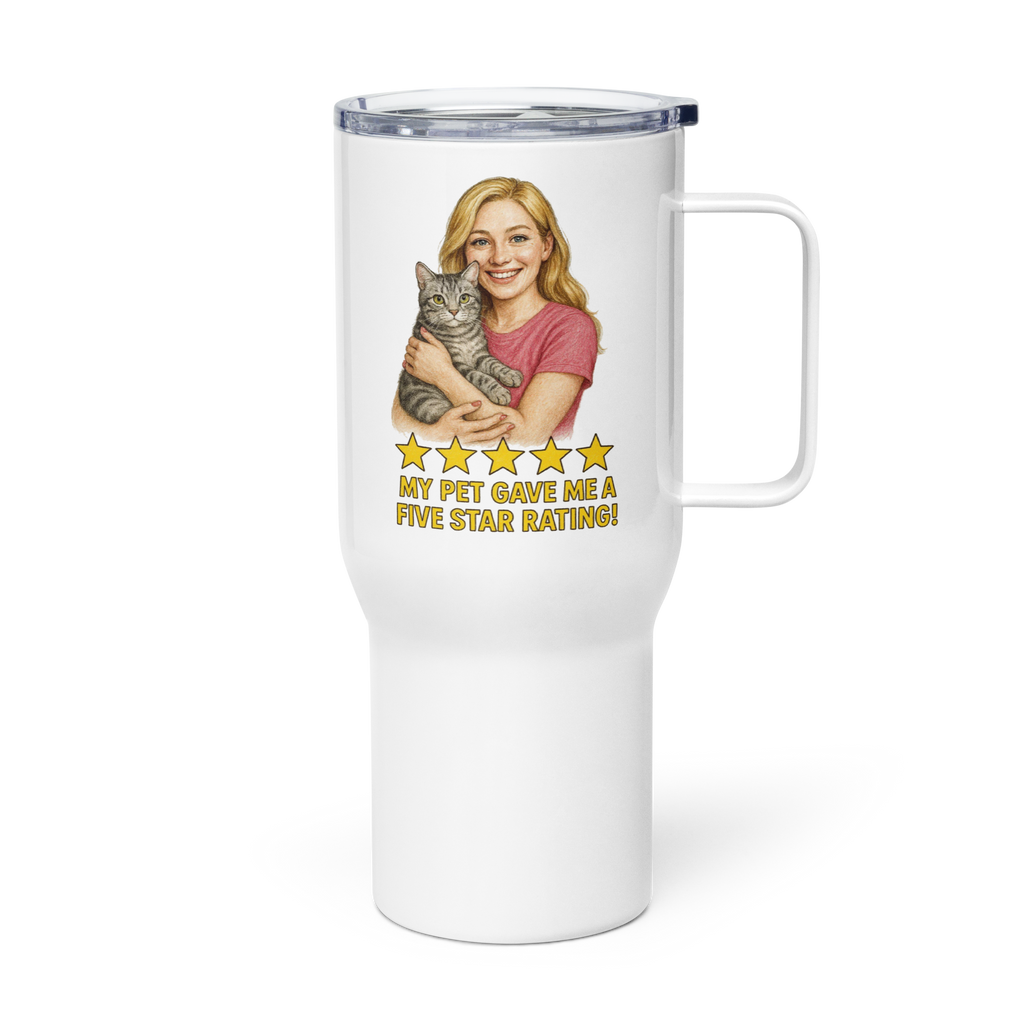 Blonde Woman PINK Shirt with American Shorthair Cat Travel Mug