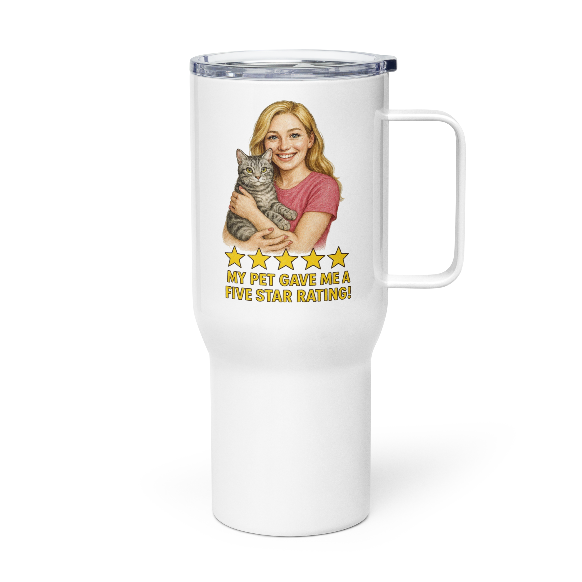Blonde Woman PINK Shirt with American Shorthair Cat Travel Mug