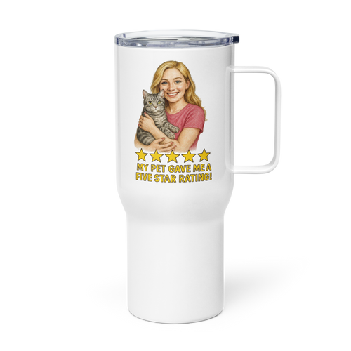 Blonde Woman PINK Shirt with American Shorthair Cat Travel Mug