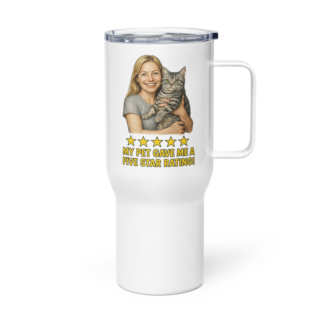 Blonde Woman Silver Shirt with an American Shorthair Cat Travel Mug
