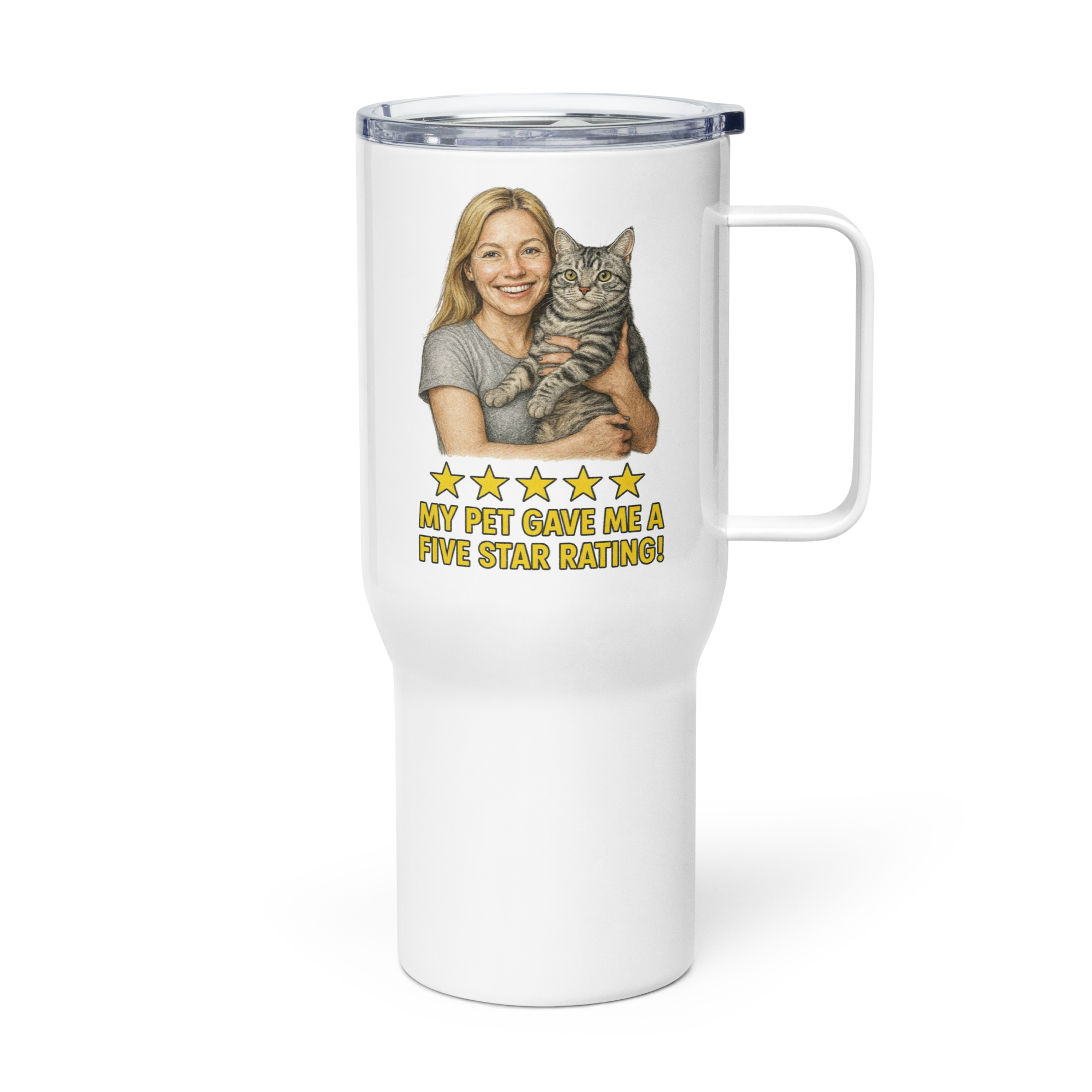 Blonde Woman Silver Shirt with an American Shorthair Cat Travel Mug