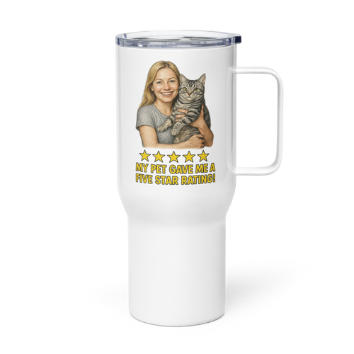 Blonde Woman Silver Shirt with an American Shorthair Cat Travel Mug