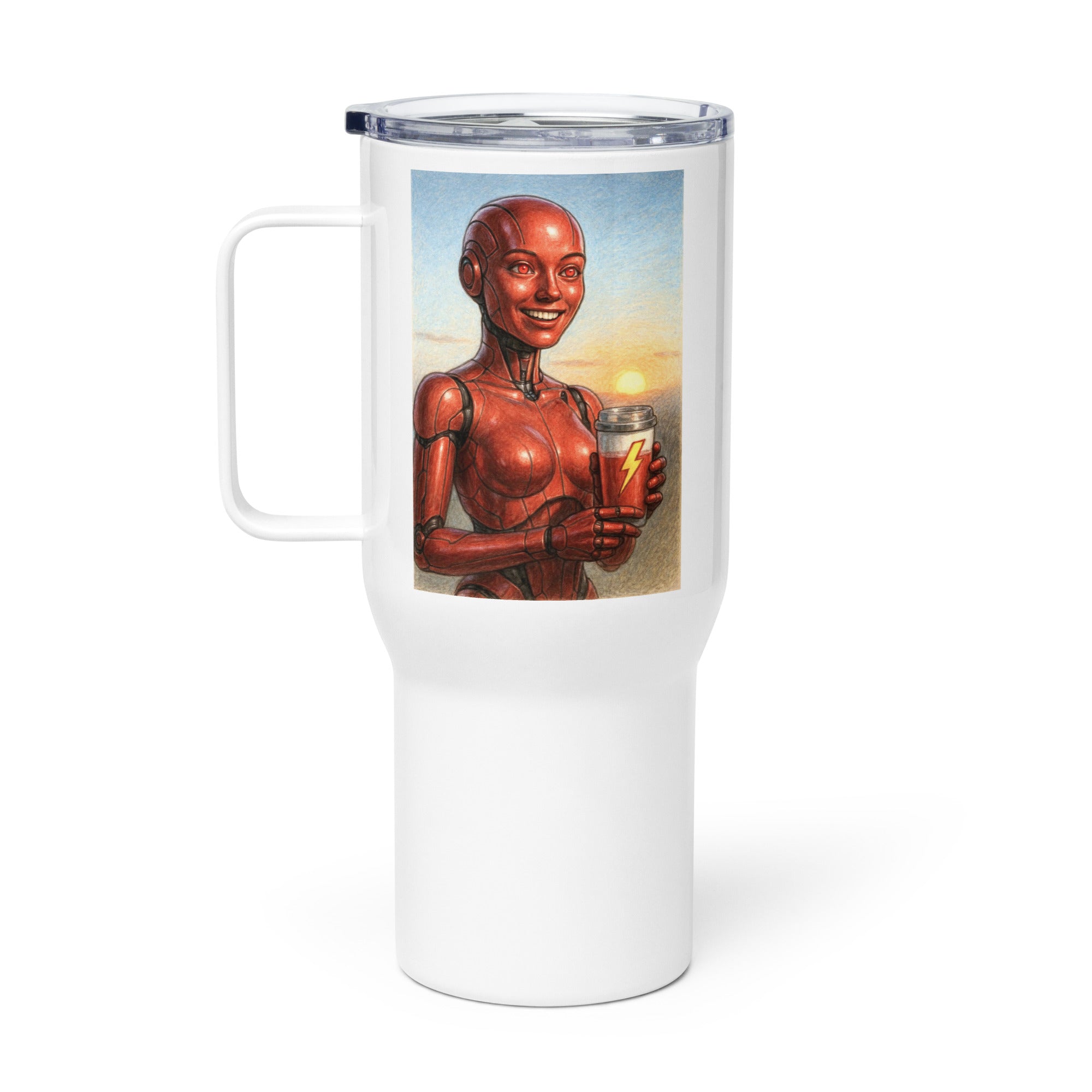 Red Android Woman Travel mug with a handle