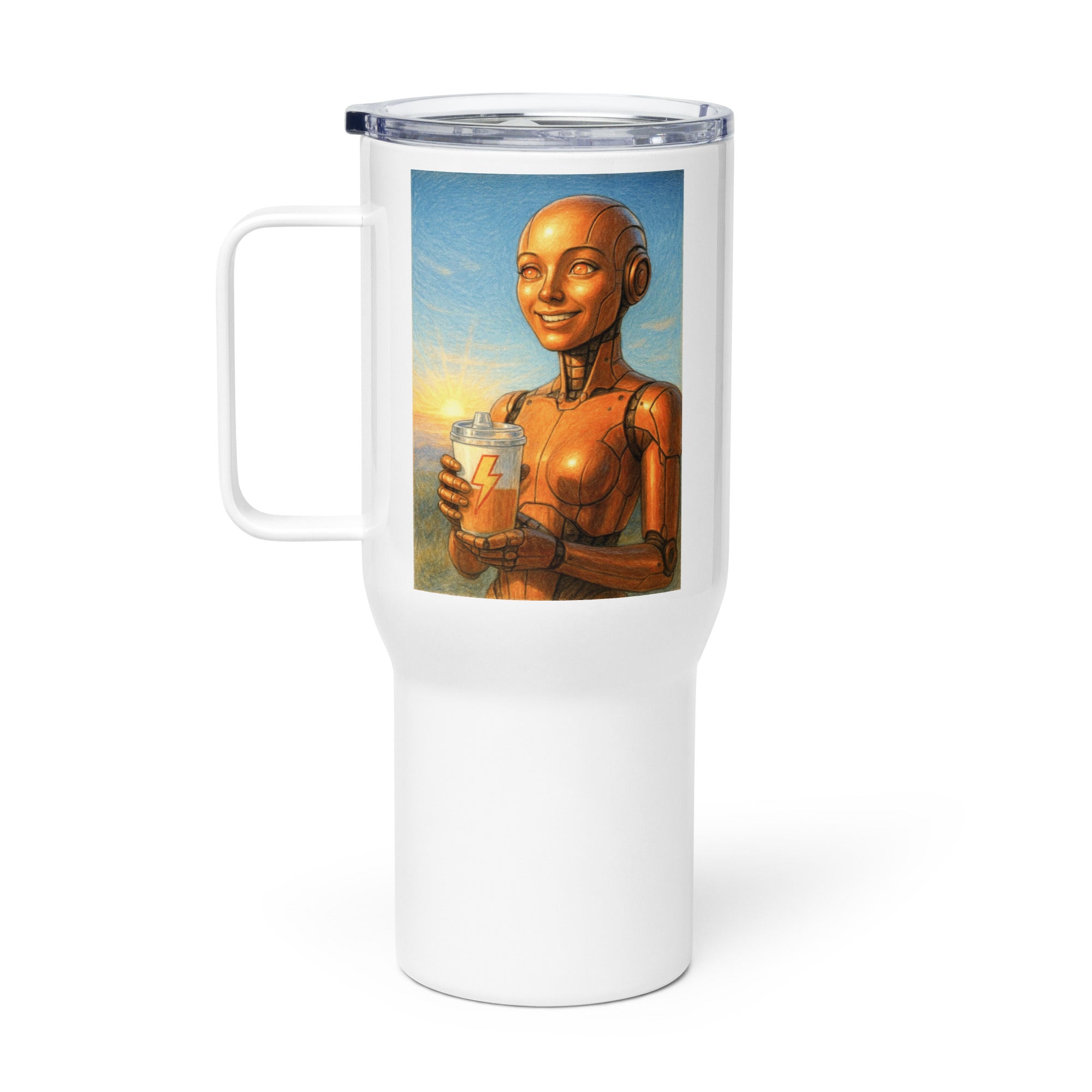 Orange Android Woman Travel mug with a handle