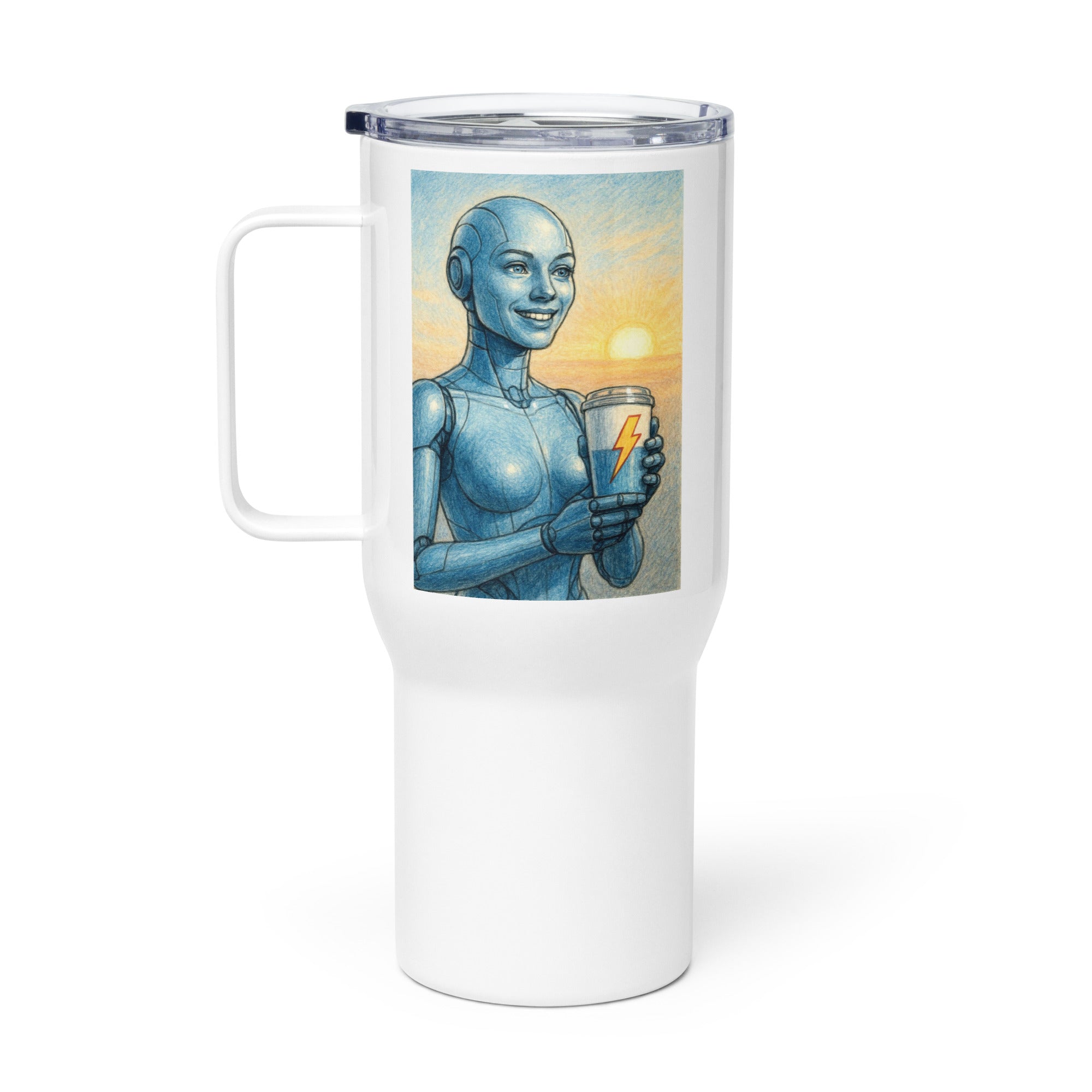 Light Blue Android Woman Travel mug with a handle