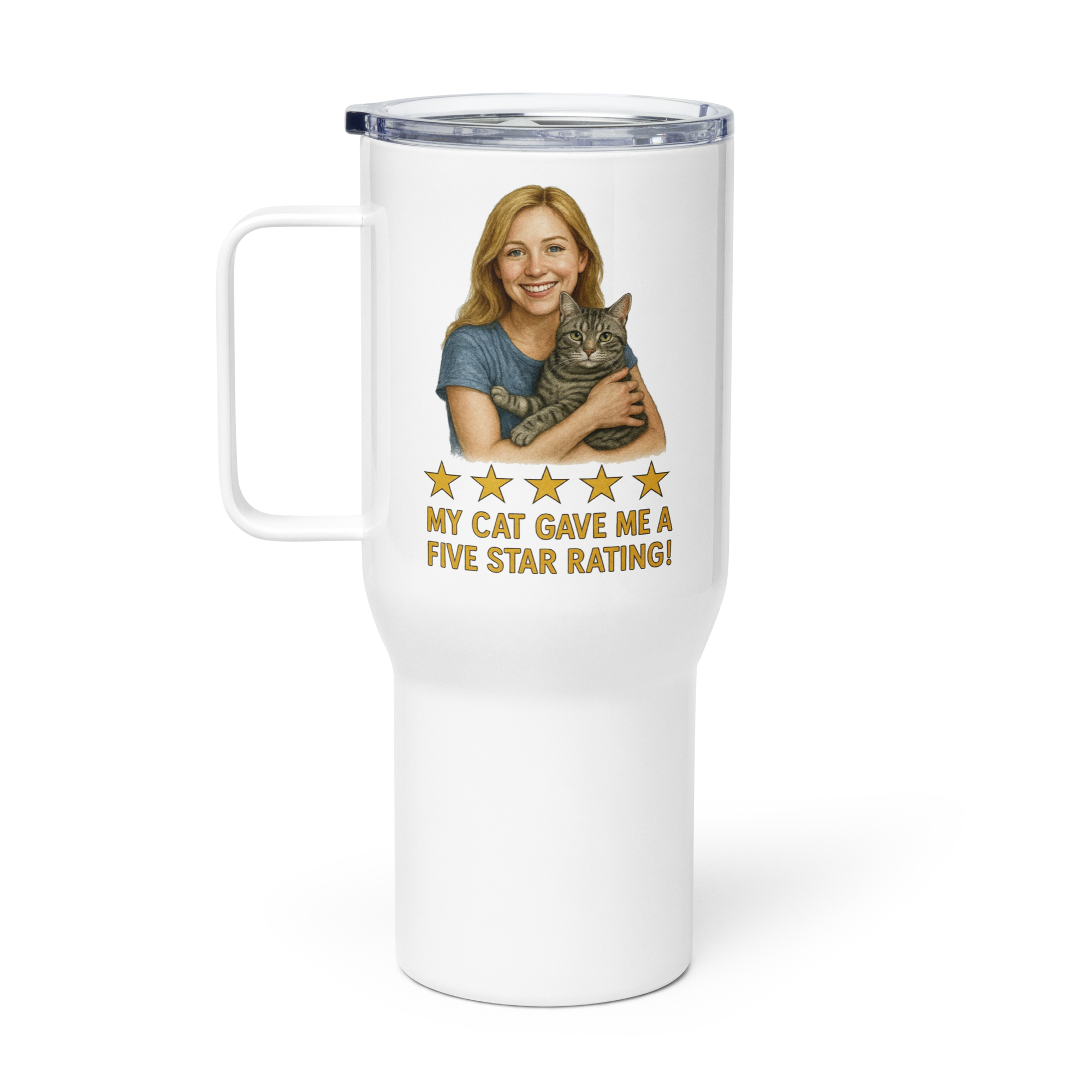 Blonde Woman with American Shorthair Cat Travel Mug